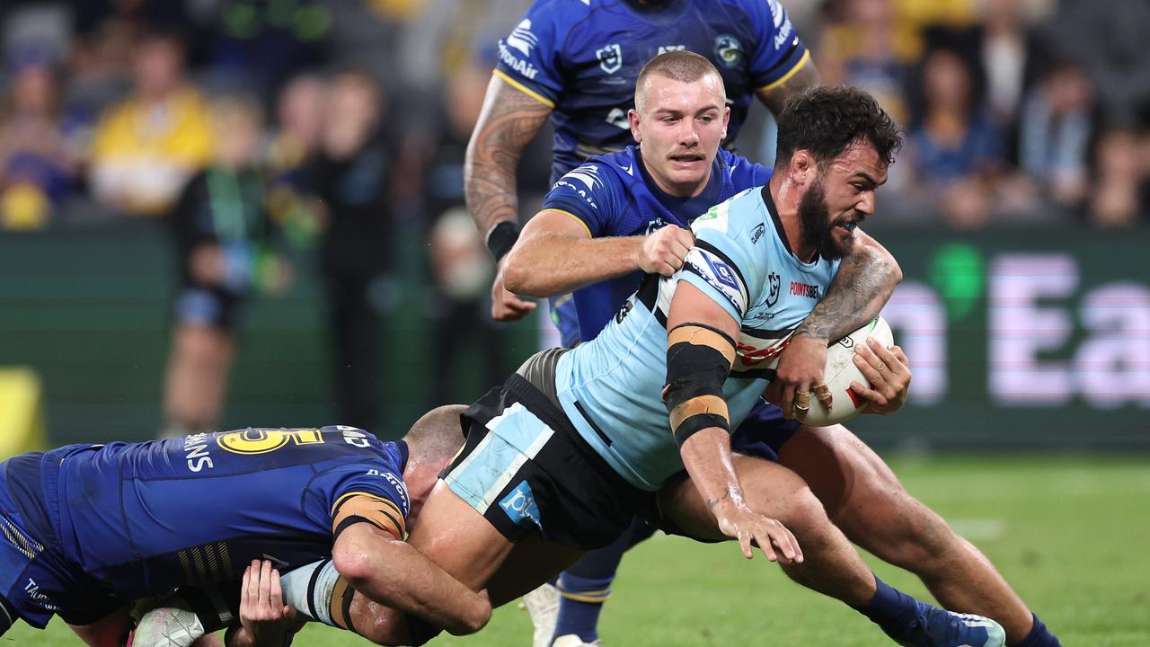 Toby Rudolf of the Sharks is tackled during the round 13 NRL match between Parramatta Eels and Cronulla Sharks at CommBank Stadium on May 30, 2024, in Sydney, Australia. (Photo by Cameron Spencer/Getty Images)