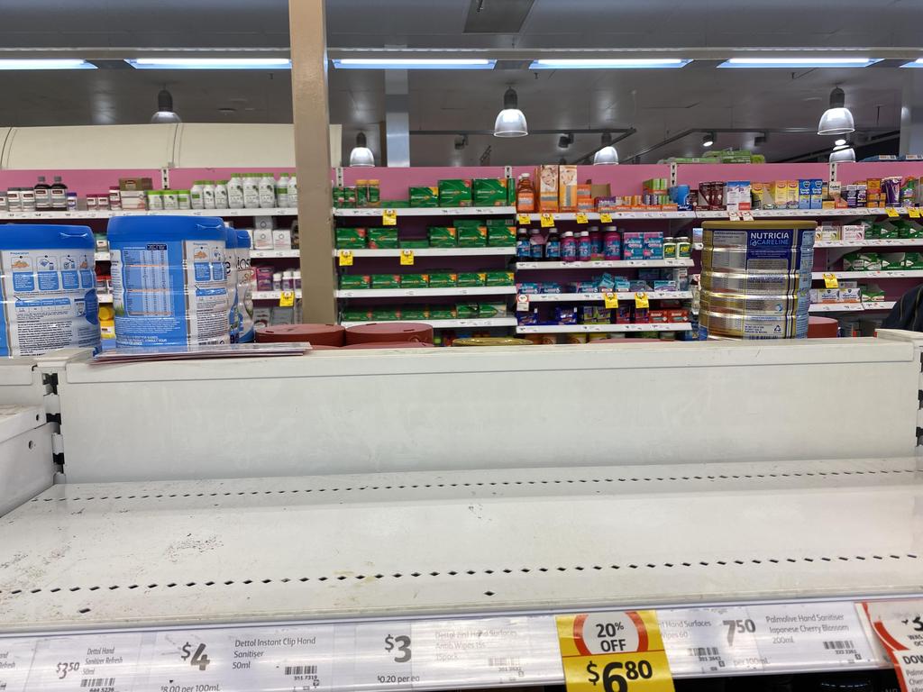 Baby food and products are sold out in a number of supermarkets as coronavirus panic hits Australia. Picture: Supplied