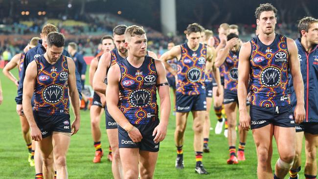 Adelaide players leave the ground after losing to GWS. Picture: AAP Image