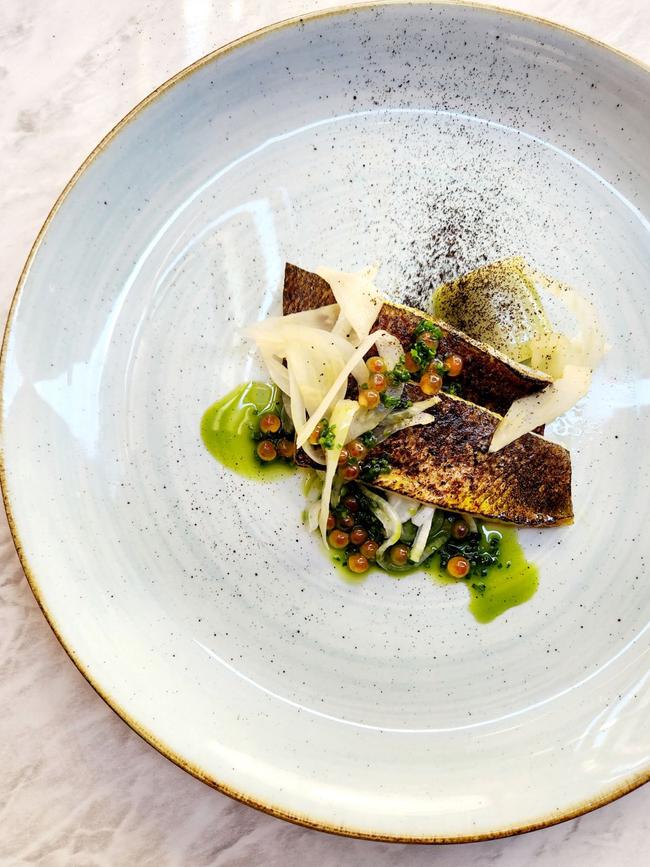 Coorong mullet, leek, onions, roe at Temperance restaurant, Hotel Renmark. Picture: Supplied