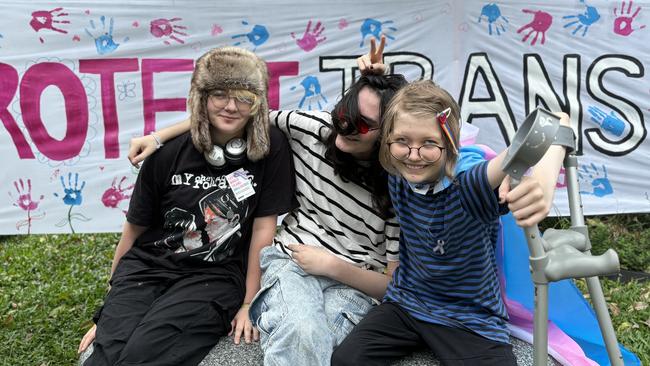 Young trans teenagers made their voices heard at the rally. L to R Noa Allen, Kenni Godridge, and Felix Fewster-Wehrle. Photo: Dylan Nicholson