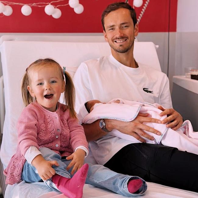 Daniil Medvedev with daughter Alisa and new baby girl, Victoria. Picture: Instagram