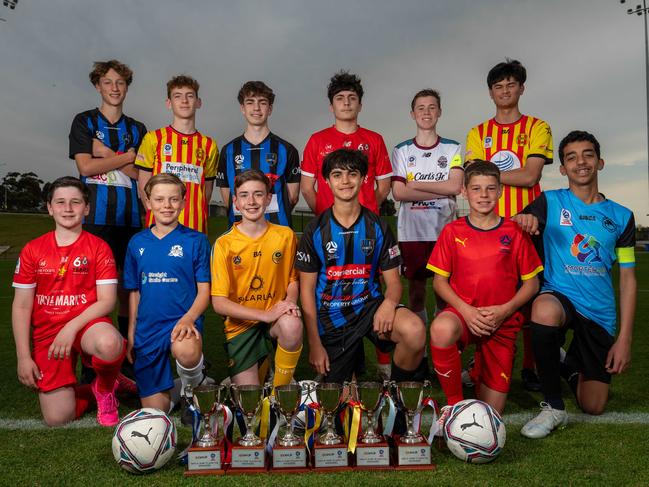 ADELAIDE, AUSTRALIA - NewsWire Photos September 14, 2023: Football players participating in the Junior Boys Cup including (Front  L-R) U12s Daniel Piteo (Campbell city) and Eddie Goodall (Modbury Jets)U13s Eamon Wellington (Cumberland United) and Peter Paraskevopolous (Adelaide Comets)U14s Ryder Dalton (Football SA) and Noah Ibrahim (Vipers) (Rear) U15s Will Kindstrom (Comets) and Max Chegwidden (Metrostars)U16s Harrison Seiboth (Comets) and Christian De Corso (Campbelltown City)U17s Kalan Moore (Playford Patriots - 0455463462) and  Addis Goode (Metrostars - 0411626731). It is being live-streamed by The Advertiser. Picture: NCA NewsWire / Naomi Jellicoe