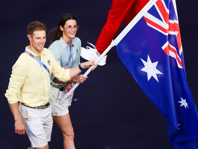 Australian flag bearers Kaylee McKeown and Matt Wearn during the Paris Olympic Games Closing Ceremony. Picture: Pete Dovgan/Speed Media/Icon Sportswire via Getty Images