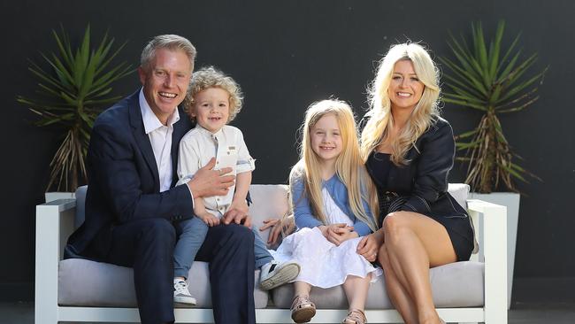 Arron Wood with his wife, Stephanie, and kids, Addison, 6, and Sam, 3. Picture: Alex Coppel.