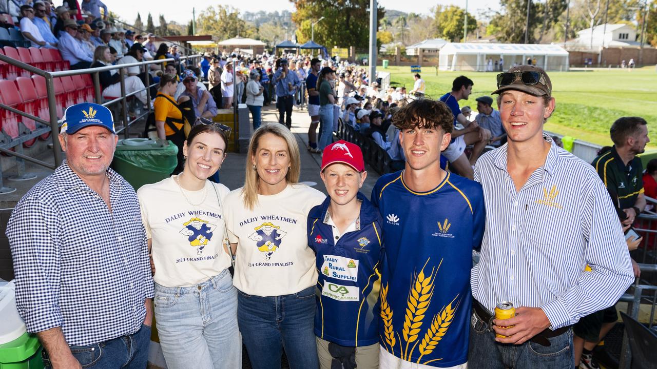 Dalby Wheatmen all the way (from left) Darryl Fry, Lucie Turner, Shell Nolan, Kwayde Nolan, Mac Nolan and Payton Turner on Downs Rugby grand final day at Toowoomba Sports Ground, Saturday, August 24, 2024. Picture: Kevin Farmer