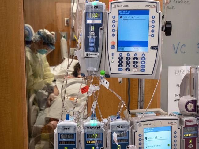 STAMFORD, CONNECTICUT - APRIL 24: Intravenous therapy (IV) equipment hangs outside a COVID-19 patient's door in a Stamford Hospital Intensive Care Unit (ICU), on April 24, 2020 in Stamford, Connecticut. Stamford Hospital, like many across the US, opened additional ICUs to deal the the vast number of people suffering in the coronavirus pandemic. Stamford, with it's close proximity to New York City, has the highest number of COVID-19 patients in Connecticut.   John Moore/Getty Images/AFP == FOR NEWSPAPERS, INTERNET, TELCOS & TELEVISION USE ONLY ==