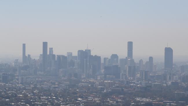 Brisbane city under a smoke haze from nearby fires. Picture: Annette Dew