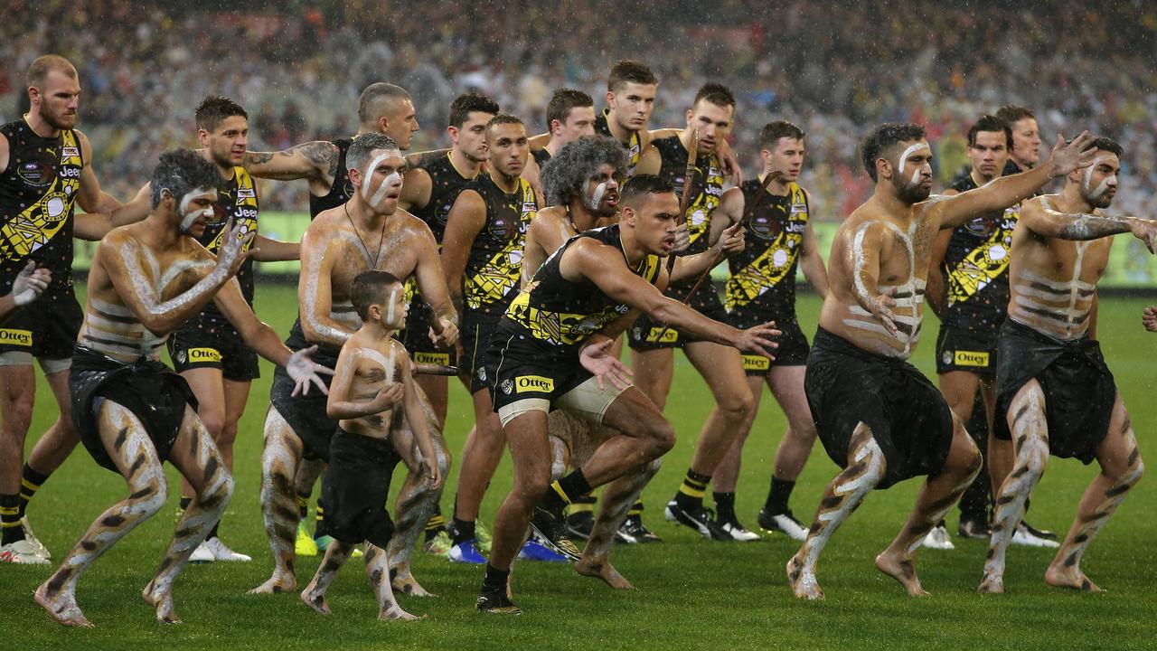 Richmond player Sydney Stack leads a traditional dance at the pre-match ceremony of the Dreamtime at the G match in 2019. Picture: AAP Image