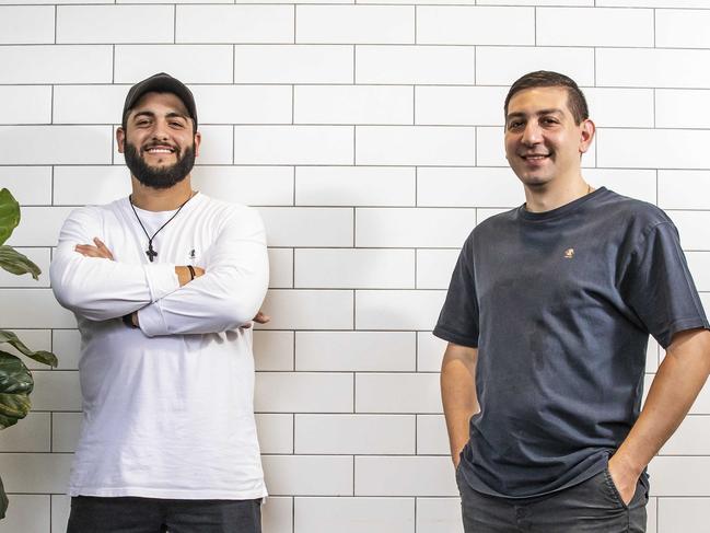 QBM - Sam Demetriou (white shirt) and brother-in-law Greg Kalligeros for QBM piece on how he went from backpacker to one of Brisbane's best restauranteurs. There will also be another story potentially on coronavirus. Pic Mark Cranitch.