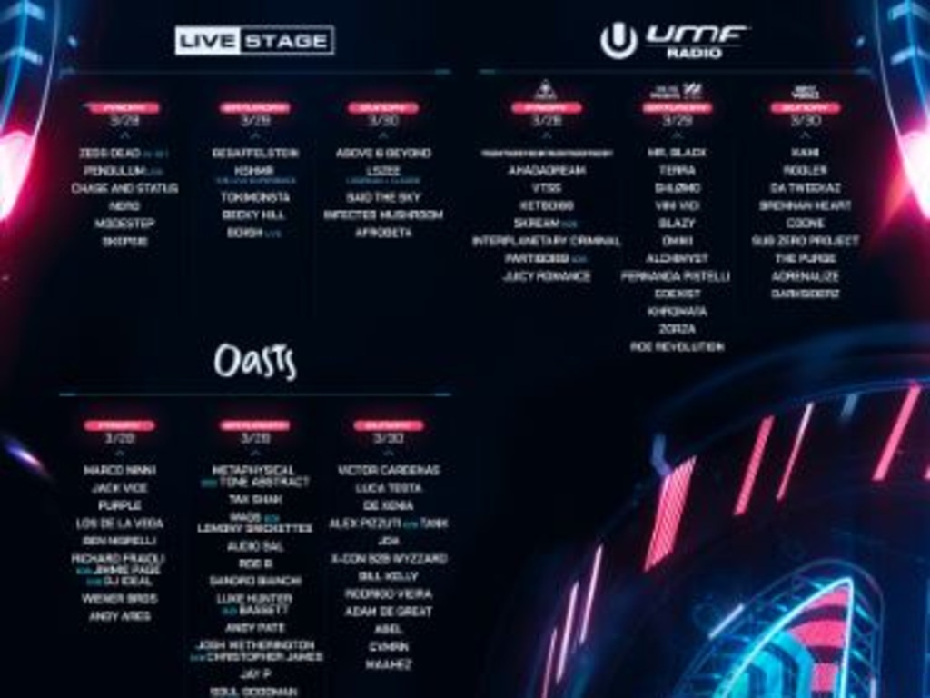 The line-ups for the Live, UMF Radio and Oasis stages. Picture: Ultra Music Festival