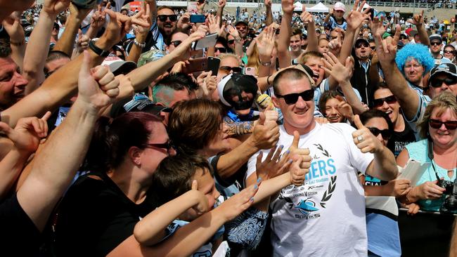 Paul Gallen is all smiles at the Sharks fan day. Picture: Gregg Porteous