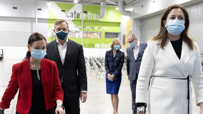 Health Minister Yvette D’Ath, Deputy Premier Steven Miles and Premier Annastacia Palaszczuk at the Brisbane Convention and Exhibition Centre where a Pfizer vaccination hub will be established. Picture: NCA NewsWire / Sarah Marshall