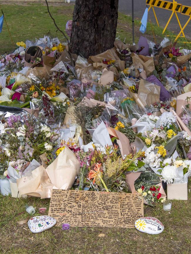 The community paid tribute at the crash site on one of Buxton’s main streets. Picture: NCA NewsWire / Simon Bullard