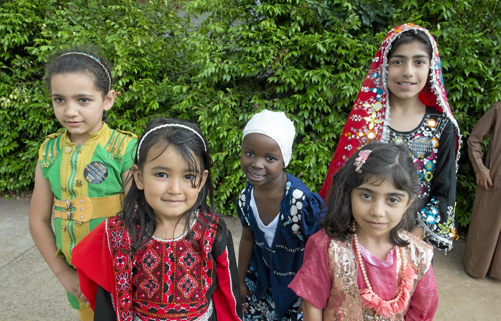 ( From left ) Noor Mahmood, Tabasum Anwari, Hawa Kwibe Subanuka, Farah and Maryam Younasi at Harmony day at Darling Heights State School  . Wednesday 16 Mar , 2016. Picture: Nev Madsen