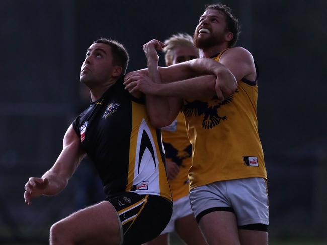 Jacob Castricum tussles with Glen Chivers in 2017. Picture: Mark Dadswell