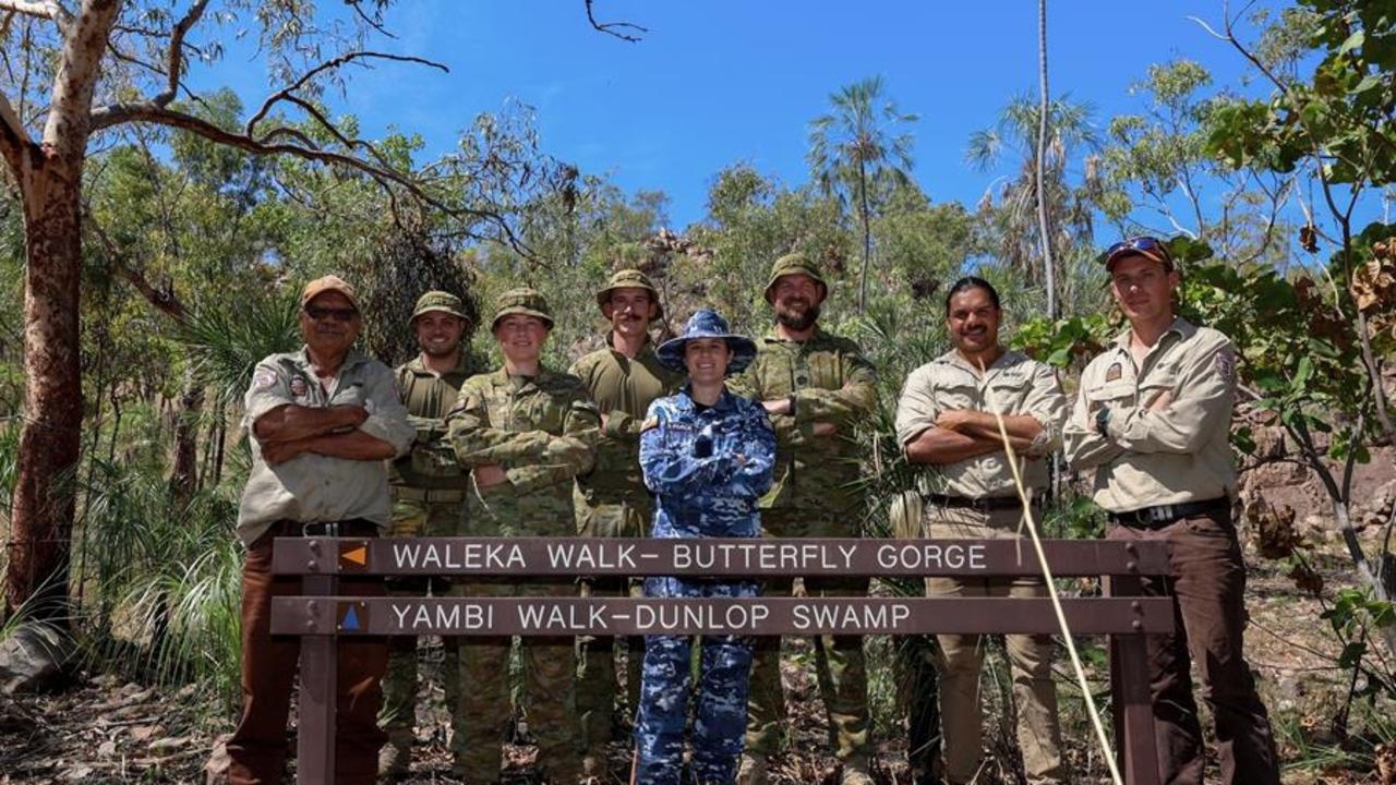 Aviators from RAAF Base Tindal with Northern Territory Parks and Wildlife rangers during the clearing of the Jatbula Trail, Northern Territory. Picture: LACW Mikaela Fernlund / Supplied