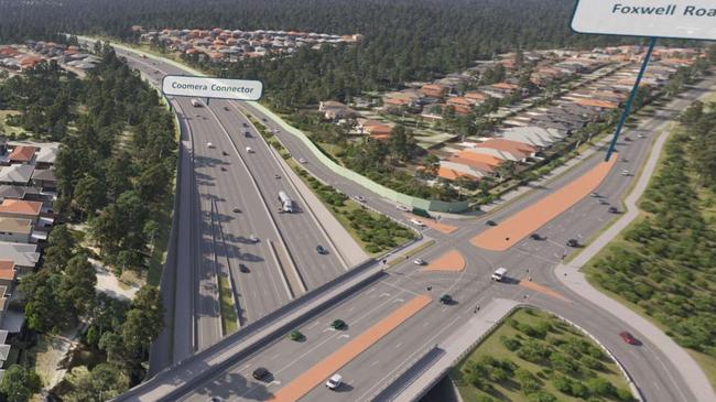 Future northern stages of the Coomera Connector. This graphic shows the Foxwell Road intersection and then north to Yawalpah Road.