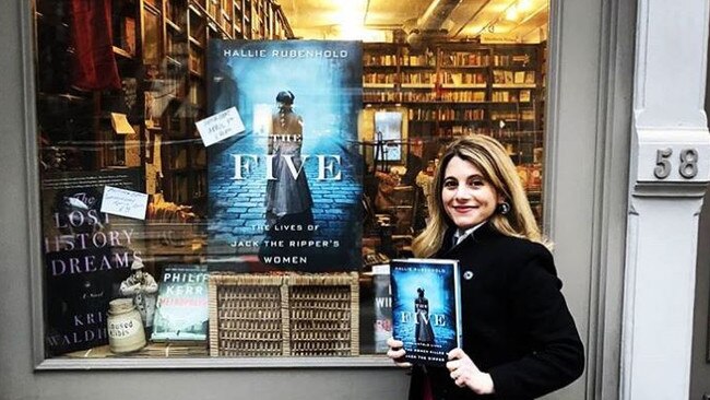 Hallie Rubenhold with her book, The Five: The Untold Lives of the Women Killed by Jack the Ripper. Picture: Instagram/@hallierubenhold