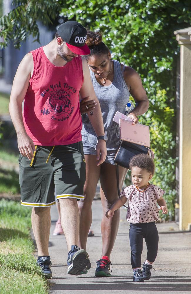 Proud parents Serena Williams and Alexis Ohanian watch as daughter Alexia Olympia, 1, goes for a toddle. Picture: Media Mode