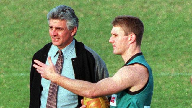 Former Port football chief Mick Moylan with Port Adelaide player Shayne Breuer at training.