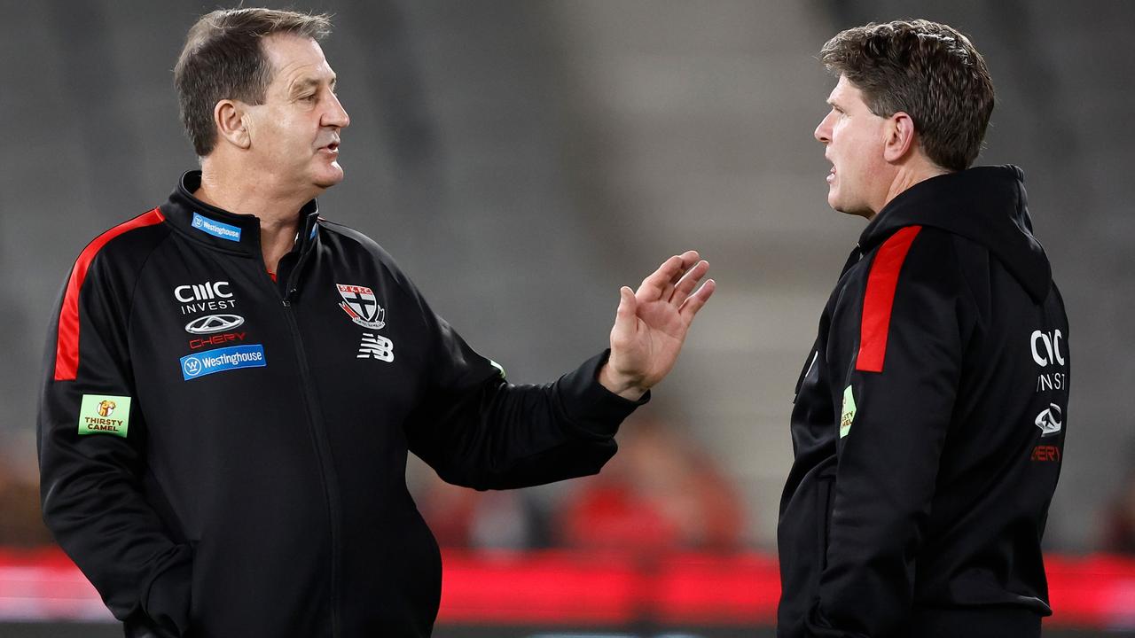 St Kilda coach Ross Lyon (left) and forwards coach Robert Harvey are trying to revamp the Saints’ attack after dismal scoring in recent weeks. Picture: Michael Willson / Getty Images