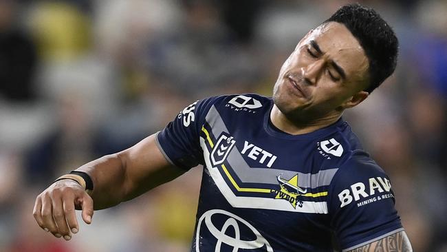 TOWNSVILLE, AUSTRALIA - JULY 06: Valentine Holmes of the Cowboys reacts after missing a field goal during the round 18 NRL match between North Queensland Cowboys and Manly Sea Eagles at Qld Country Bank Stadium, on July 06, 2024, in Townsville, Australia. (Photo by Ian Hitchcock/Getty Images)