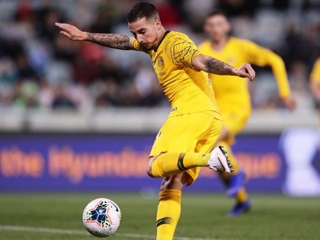 Jamie Maclaren completes his first Socceroos hat-trick, in last week’s World Cup qualifying win over Nepal in Canberra. Picture: Getty Images