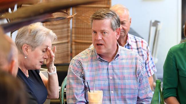 Queensland Opposition Leader Tim Nicholls chats to his mother Barbara as he meets friends and family at a cafe in Brisbane, Sunday, November 26, 2017. Yesterday Queenslanders went to the polls in the state's election but no clear winner has yet been declared. (AAP Image/Dan Peled) NO ARCHIVING