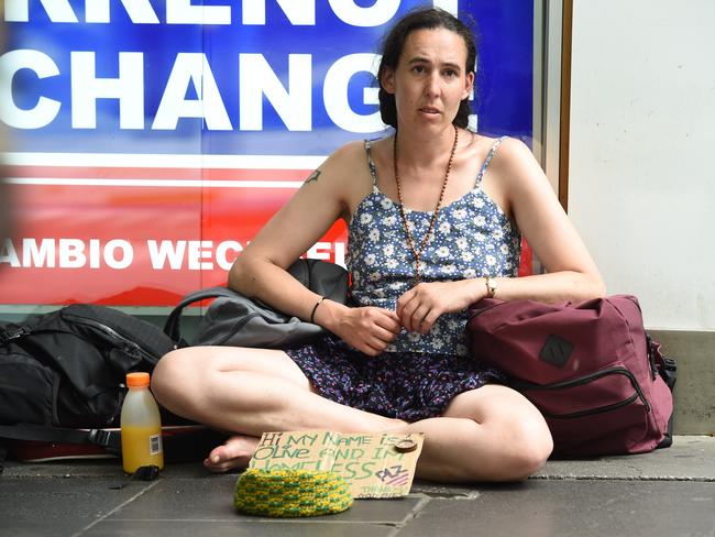 Olive pictured in Swanston St. She is considered genuinely homeless after being kicked out of shared accomodation. Picture: Lawrence Pinder