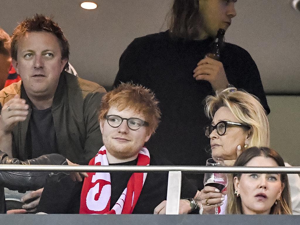 Ed Sheeran joins the Gudinski family in a corporate box at the game. Picture: Jake Nowakowski