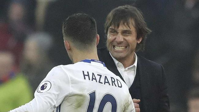 Chelsea's manager Antonio Conte celebrates with Eden Hazard.