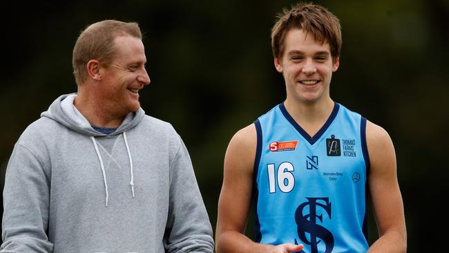 Father-son prospect Casey Voss with his dad, Brisbane Lions great and Port assistant coach Michael Voss at Unley Oval. Picture: Matt Turner