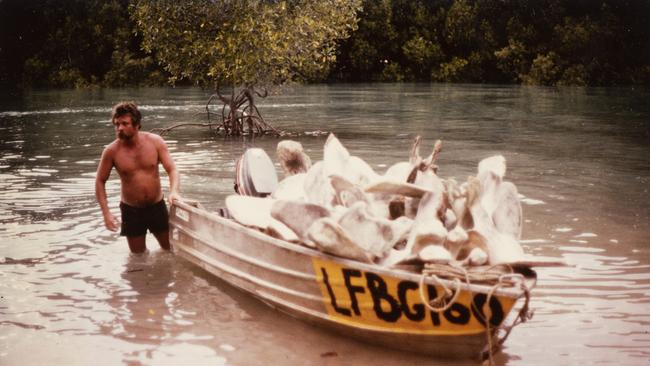 Dinghy loaded with whale vertebra south of Melville Island, Northern Territory, in April 1981. Picture: Ian Archibald