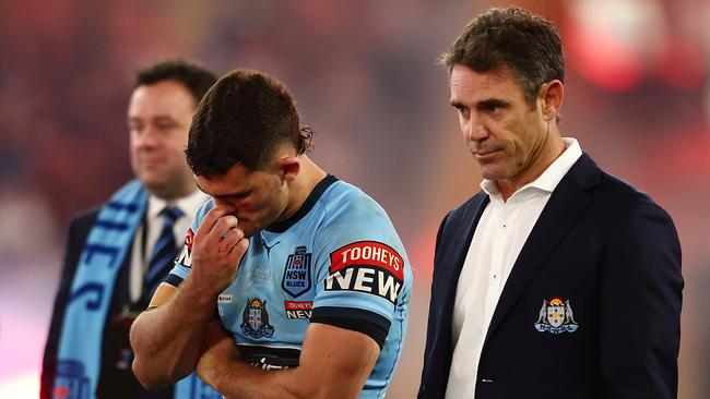 BRISBANE, AUSTRALIA – JULY 13: Nathan Cleary of the Blues and Blues coach Brad Fittler look on after game three of the State of Origin Series between the Queensland Maroons and the New South Wales Blues at Suncorp Stadium on July 13, 2022, in Brisbane, Australia. (Photo by Chris Hyde/Getty Images)