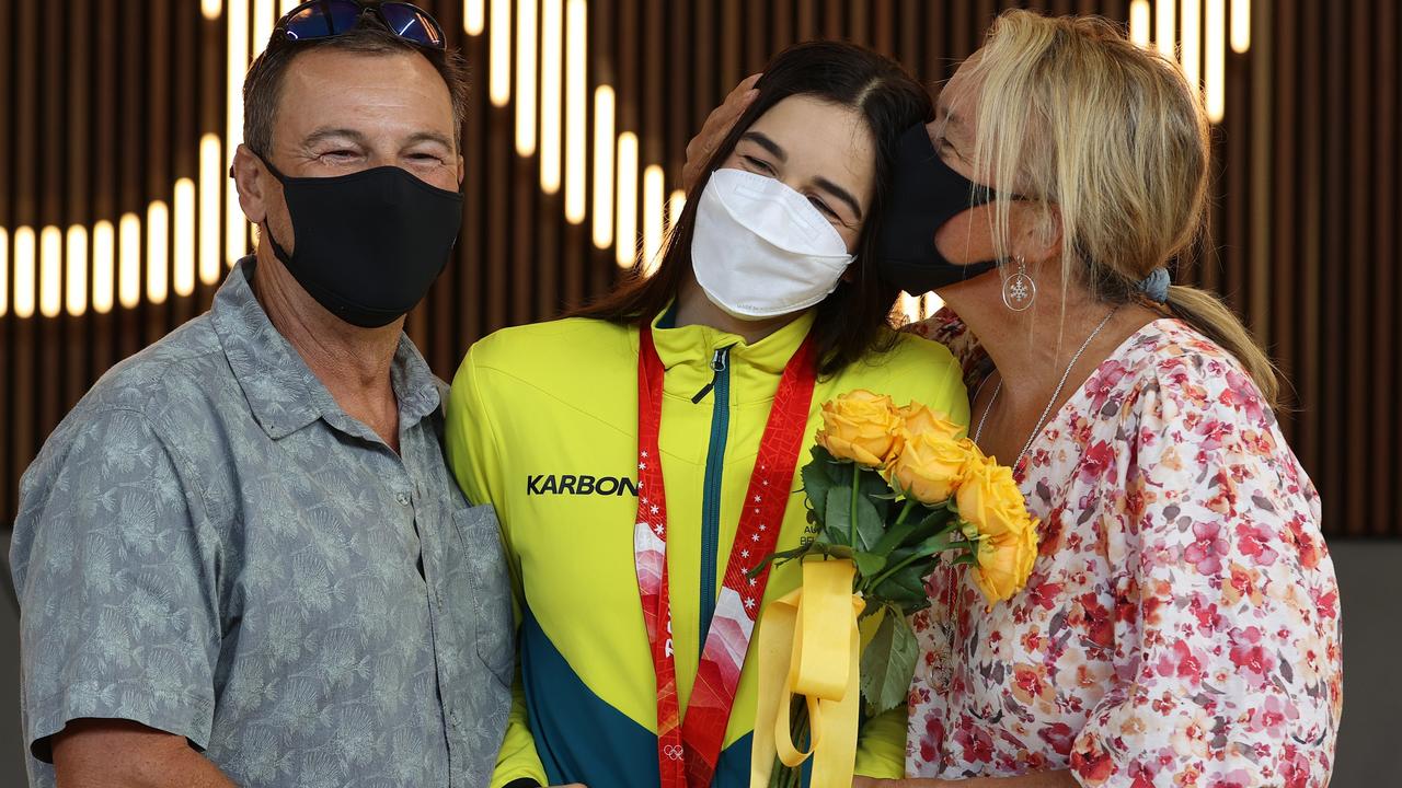 Jakara Anthony being greeted by her father Darren and mother Sue on her arrival home from the Winter Olympics. Picture: Robert Cianflone