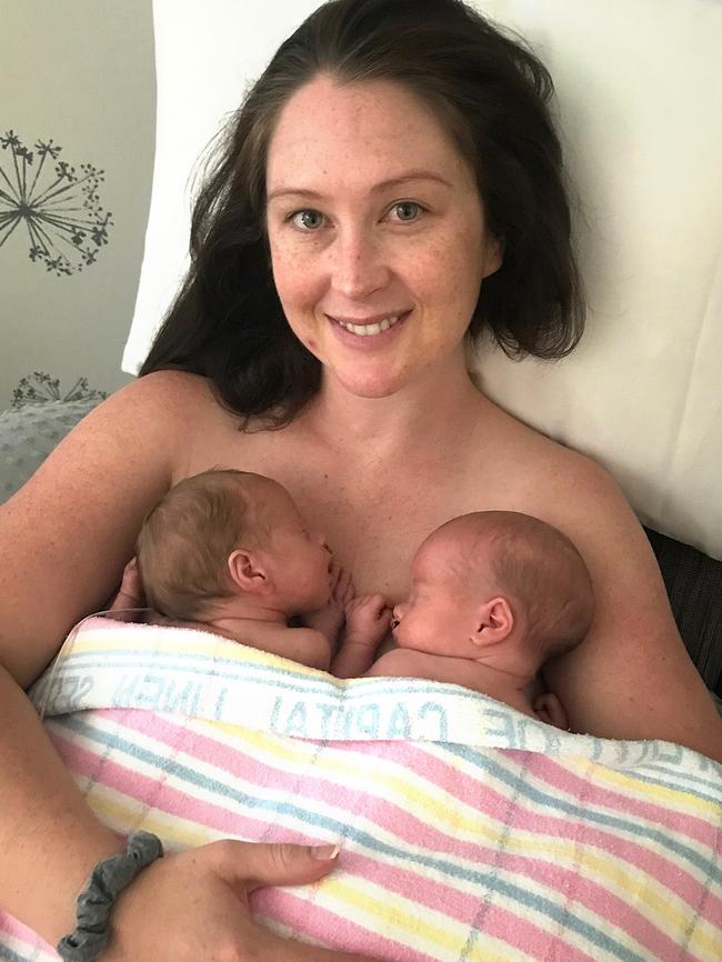 Brooke with her twins born amid the bushfires, Ruby and Ash.