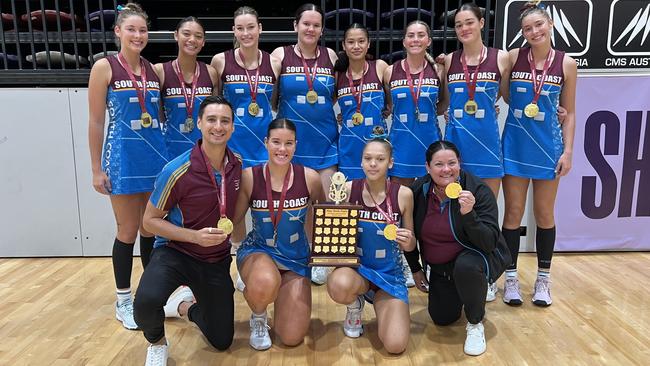 Queensland School Sport Netball 2023 - 16-19 years champions South Coast. Coach Deanne Hamilton. Assistance Coach Glen Ormesher