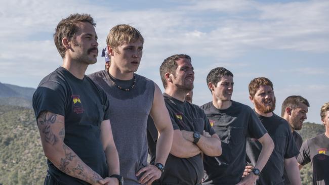 From left: Chris MacKenzie (Taylor Kitsch), Wade Parker (Ben Hardy), Billy Warneke (Ryan Jason Cook), (Kevin Woyjeck) Michael McNulty, Dustin Deford (Ryan Busch), Sean Misner (Kenny Miller), Scott Norris (Thad Luckinbill) in Columbia Pictures' ONLY THE BRAVE.