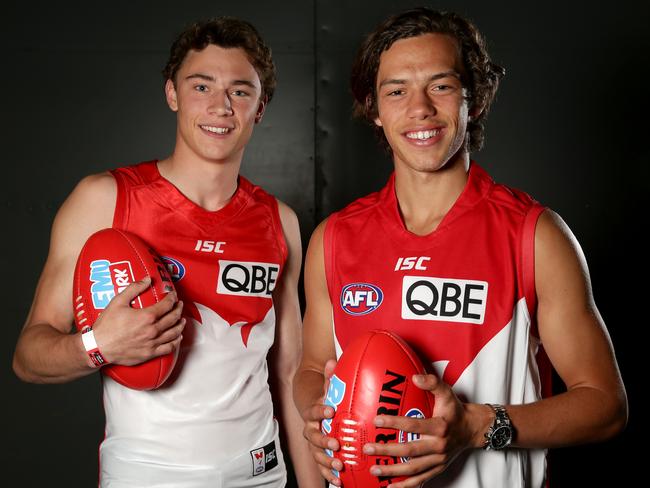 Will Hayward draft pick number 20 (left) and Oliver Florent draft pick number 11 for the Sydney Swans, pictured at the 2016 AFL Draft held in Sydney. Picture: Jonathan Ng