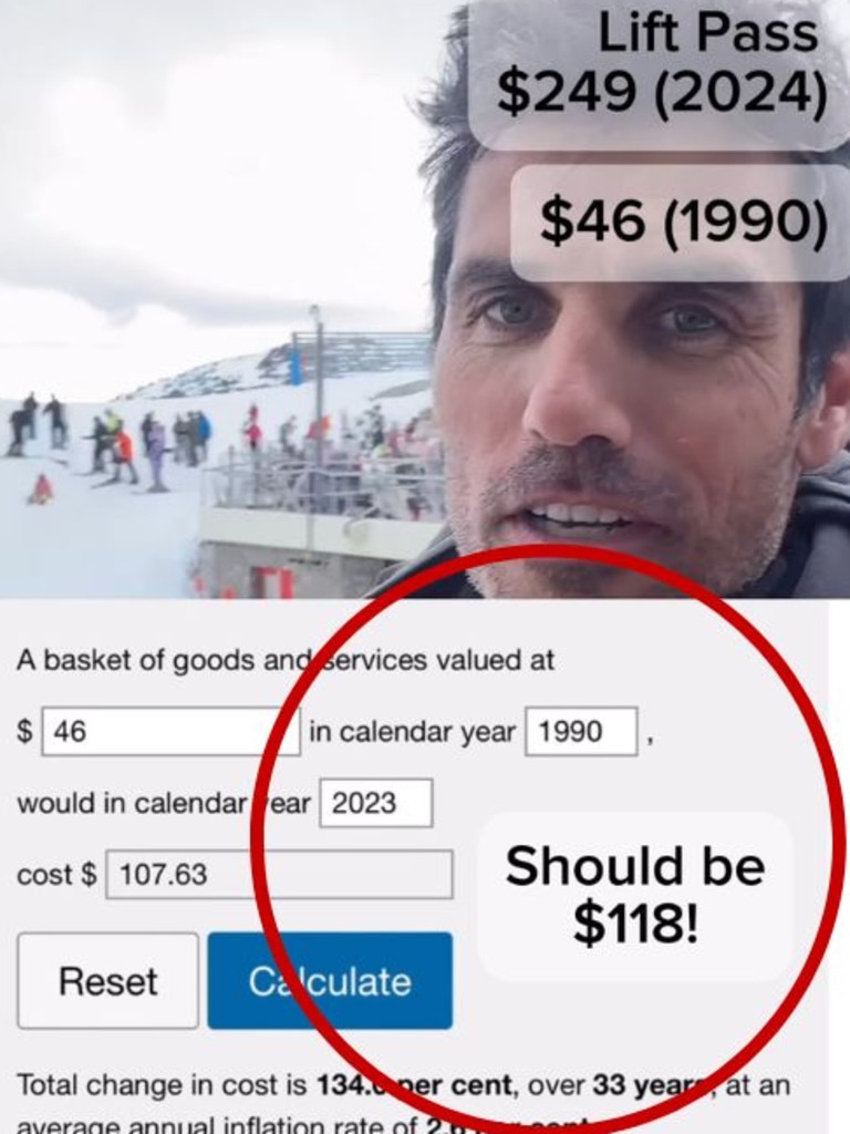 The keen skier said he paid $46 in 1990 and $249 in 2024. Picture: @outback_mike