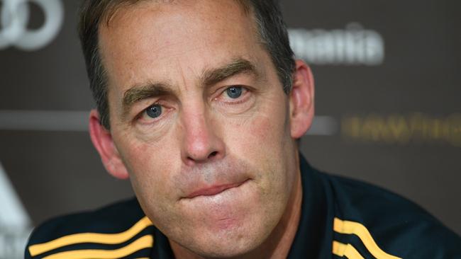 Hawthorn coach Alastair Clarkson answers questions from journalists after the Easter Monday loss to Geelong. (AAP Image/Julian Smith)