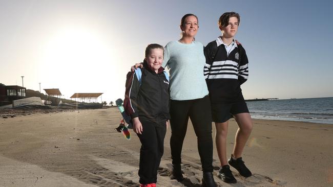 Stav Larcombe with children Addisyn, 9, Dimitri, 14 on the Whyalla foreshore. Picture: Tait Schmaal