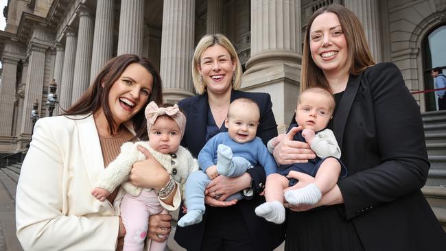 New parliament mums Nationals MP Annabelle Cleeland with 5-month old Sigrid, Liberal MP Jess Wilson with 5-month old Patrick and Labor MP Martha Haylett with 5-month old Liam are making the most of a new child care initiative at parliament. Picture: David Caird