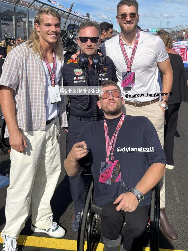 Bailey Smith with Dylan Alcott, Christian Horner and Marcus Bontempelli at the GP.