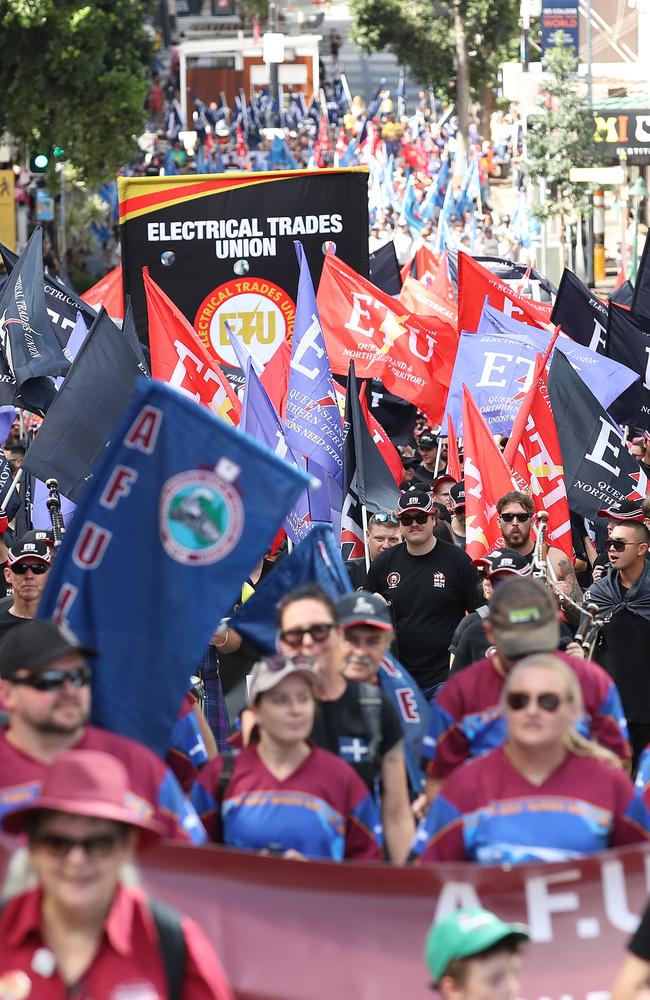 Thousands march during the Labor day march in Brisbane. Picture: NCA NewsWire / Jono Searle