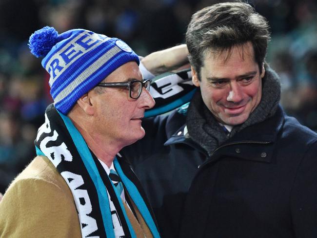 Port Adelaide president David Koch and Gillon McLachlan are seen during the Round 13 AFL match between the Port Adelaide Power and the Western Bulldogs at Adelaide Oval in Adelaide, Thursday, June 14, 2018. (AAP Image/David Mariuz) NO ARCHIVING, EDITORIAL USE ONLY