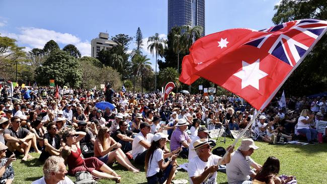 Protesters against vaccinations, masks and lockdowns in Brisbane CBD. Picture: Liam Kidston