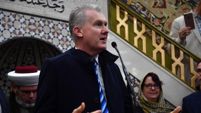 Tony Burke joins celebrations of the end of the month-long fast of Ramadan during prayer at Lakemba Mosque in Sydney. Picture: AAP