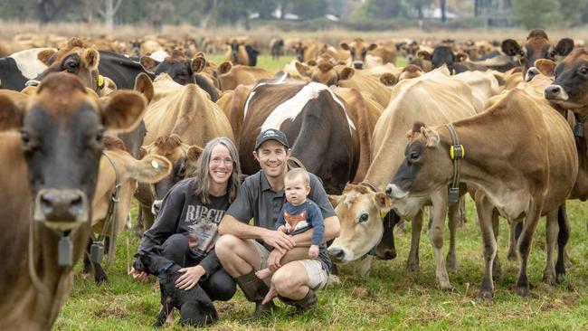 Craig Emmett, Erin Hopkins and their daughter Orphella Emmett and kelpie pup Sasha on farm at Stanhope. Picture: Zoe Phillips